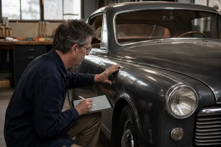 An appraiser documents the bodywork of a classic vehicle in a workshop.