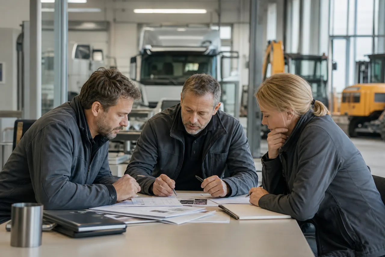 Three appraisal professionals review inspection documents together in a workshop.