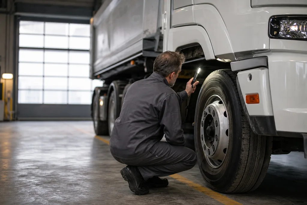 An appraiser uses an inspection lamp to check the wheel area of a commercial vehicle in a workshop.