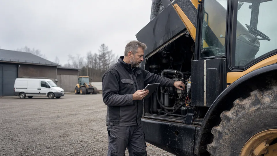 An appraiser checks a construction machine in a company yard; a van is parked in the background.