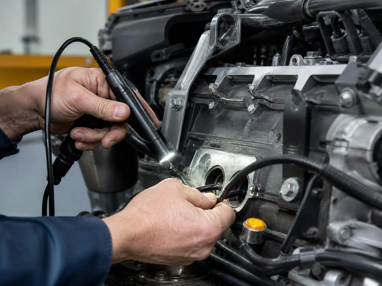 Hands use a light and probe to inspect a technical vehicle component.